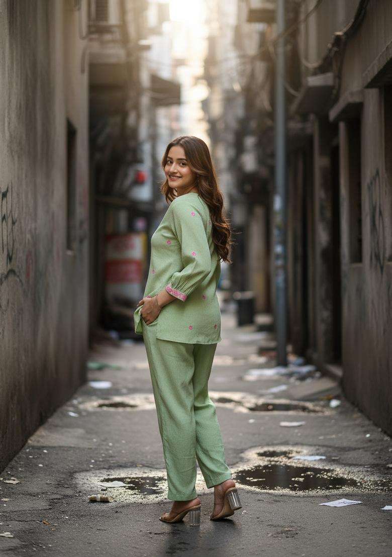 Lime Embroidered Silk Co Ord Sets - Indya