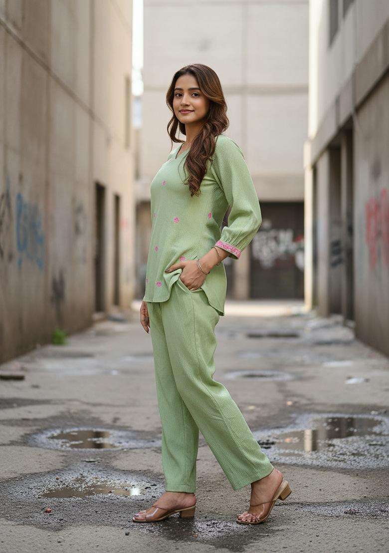 Lime Embroidered Silk Co Ord Sets - Indya