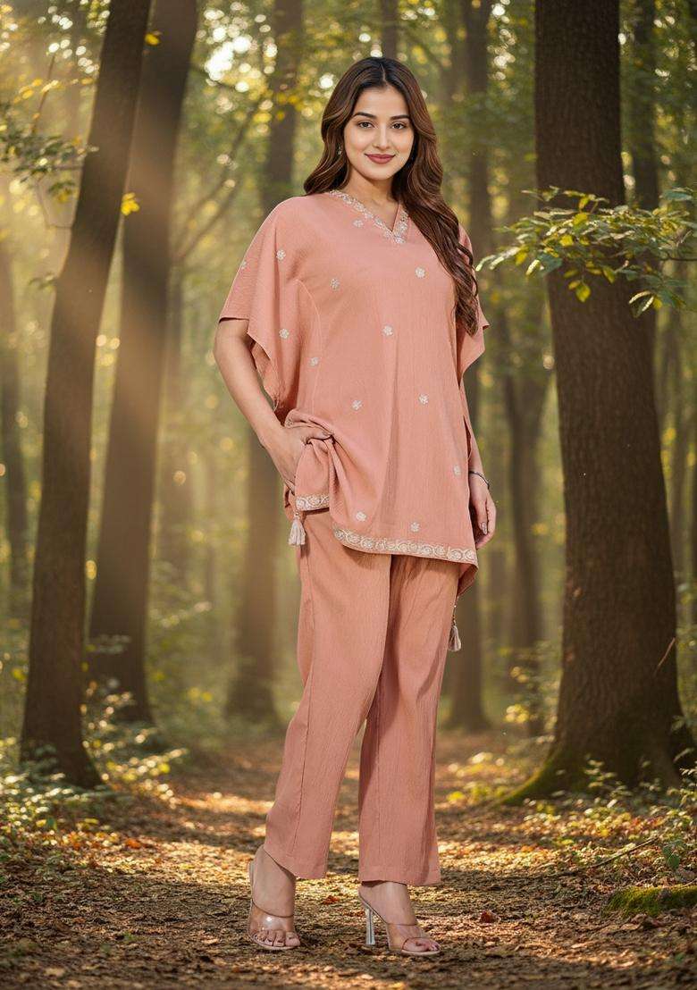 Peach Embroidered Silk Co Ord Sets - Indya