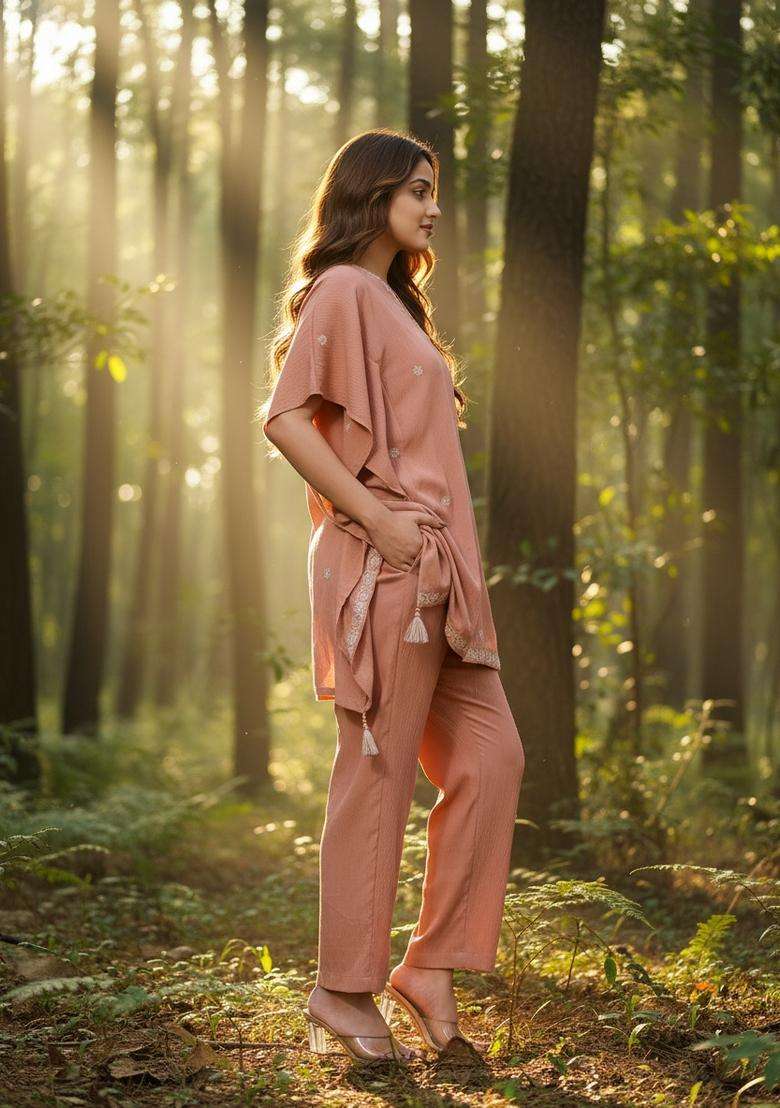 Peach Embroidered Silk Co Ord Sets - Indya