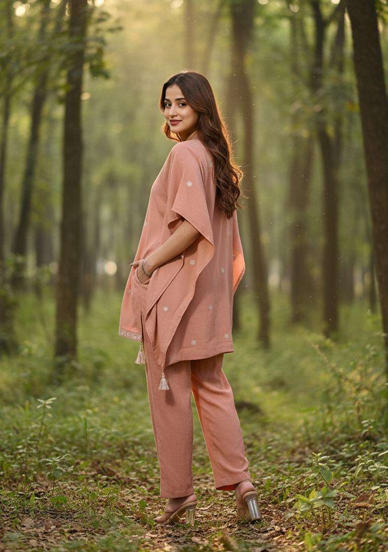 Peach Embroidered Silk Co Ord Sets - Indya