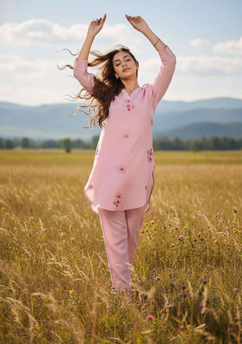 Pink Embroidered Viscose Co Ord Sets - Indya