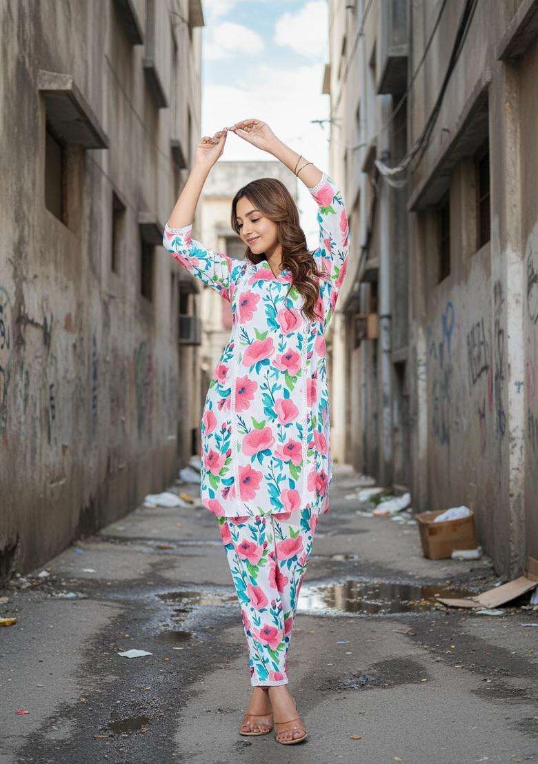 Off-White Embroidered Viscose Co Ord Sets - Indya