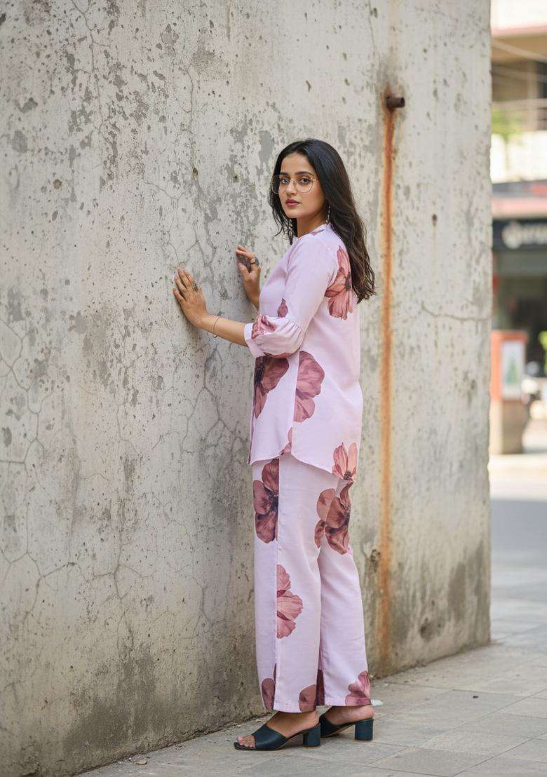 Pink Embroidered Viscose Co Ord Sets - Indya