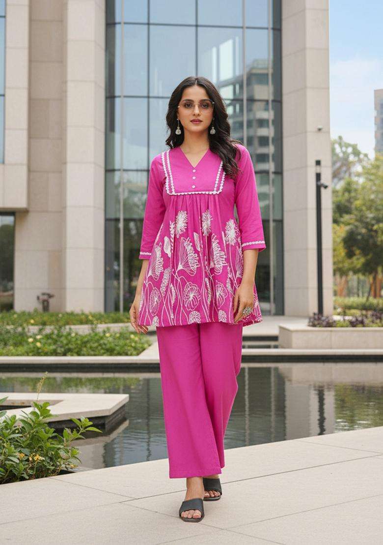 Pink Embroidered Viscose Co Ord Sets - Indya