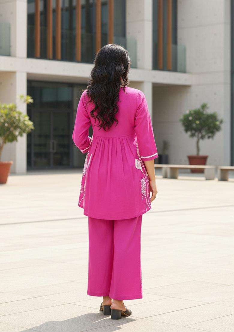 Pink Embroidered Viscose Co Ord Sets - Indya