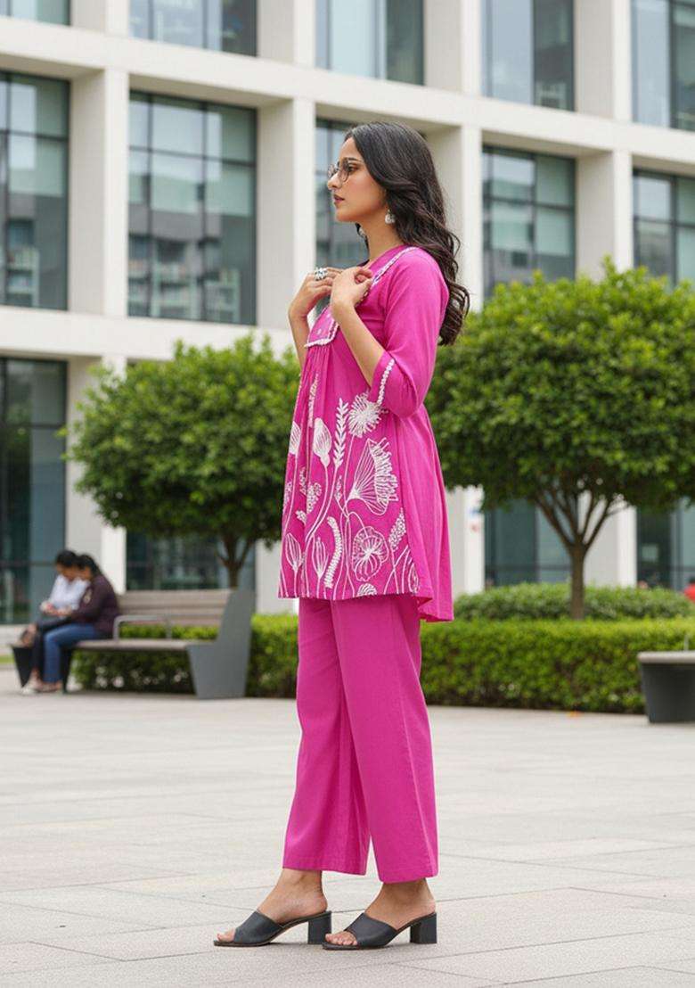 Pink Embroidered Viscose Co Ord Sets - Indya