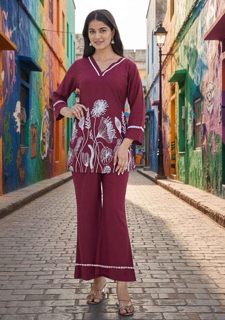 Maroon Embroidered Viscose Co Ord Sets - Indya