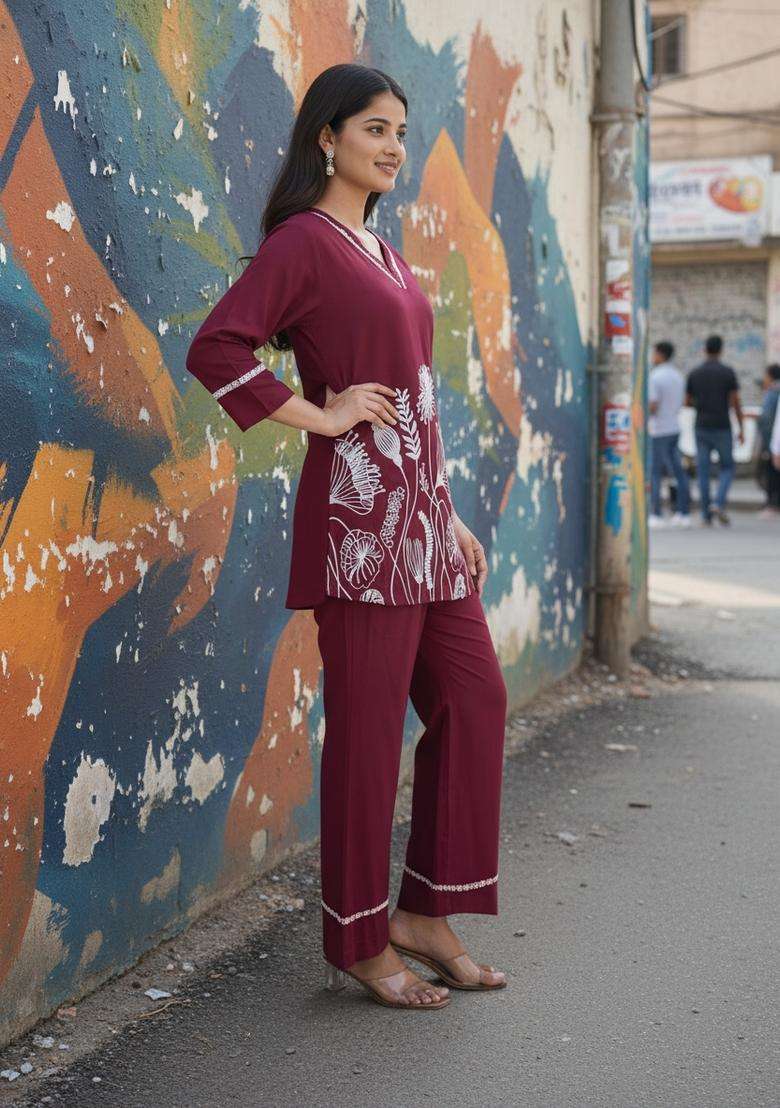 Maroon Embroidered Viscose Co Ord Sets - Indya