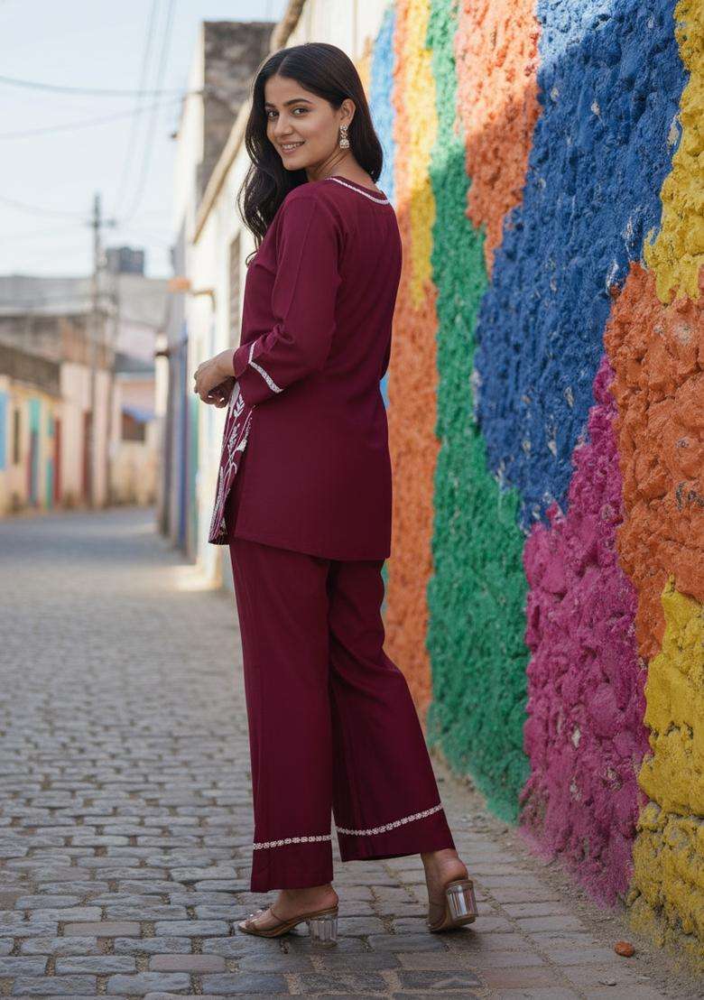 Maroon Embroidered Viscose Co Ord Sets - Indya