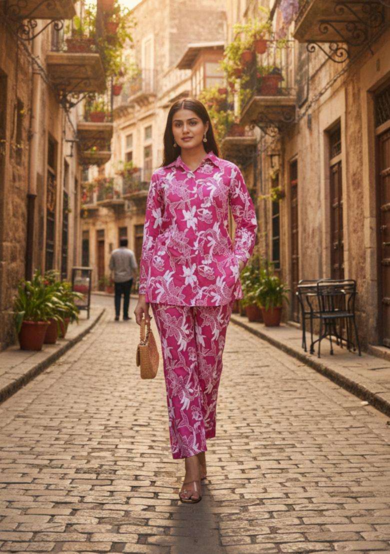Pink Embroidered Cotton Co Ord Sets - Indya