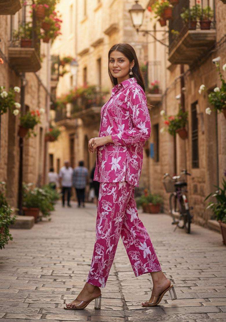 Pink Embroidered Cotton Co Ord Sets - Indya