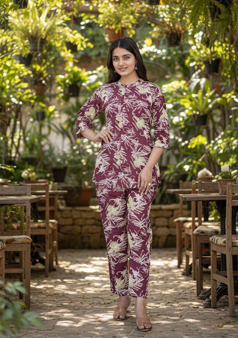 Maroon Embroidered Cotton Co Ord Sets - Indya