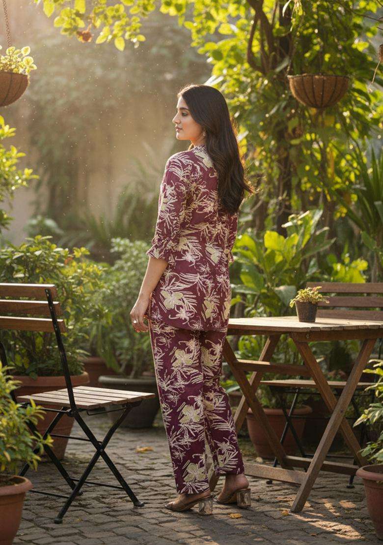 Maroon Embroidered Cotton Co Ord Sets - Indya