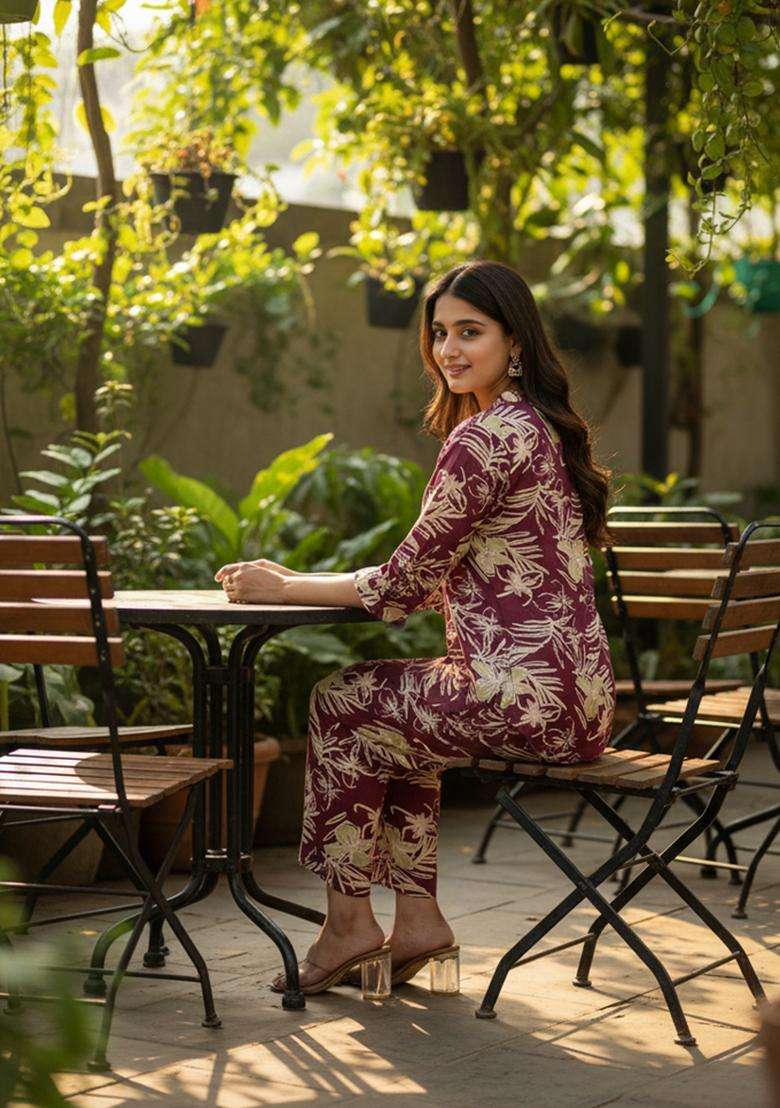 Maroon Embroidered Cotton Co Ord Sets - Indya