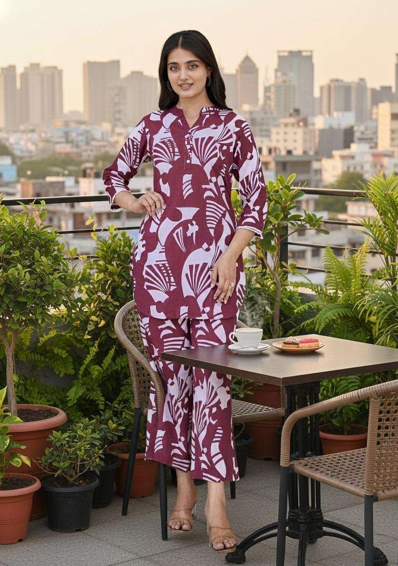 Maroon Embroidered Cotton Co Ord Sets - Indya