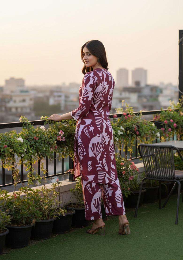 Maroon Embroidered Cotton Co Ord Sets - Indya