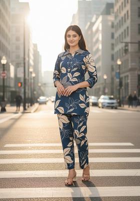 Navy Blue Embroidered Cotton Co Ord Sets