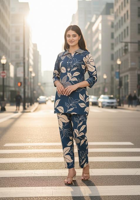 Navy Blue Embroidered Cotton Co Ord Sets