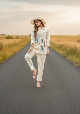 Off-White Embroidered Cotton Co Ord Sets