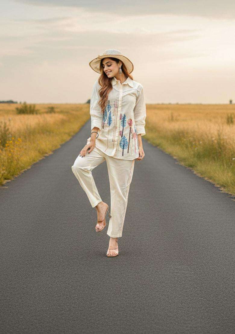 Off-White Embroidered Cotton Co Ord Sets - Indya