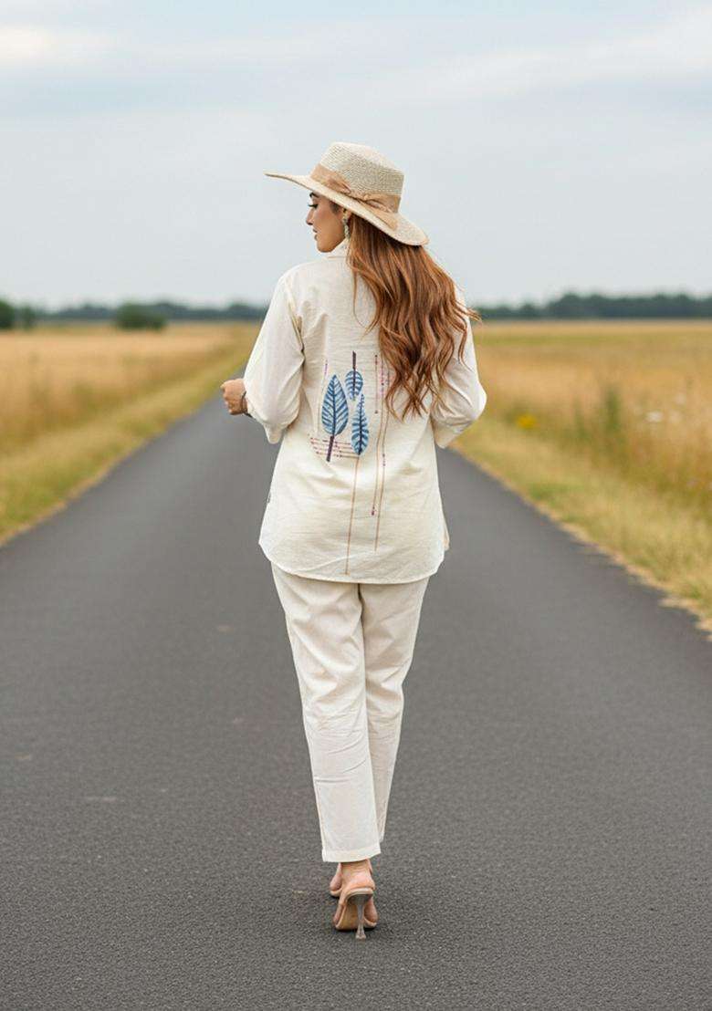 Off-White Embroidered Cotton Co Ord Sets - Indya