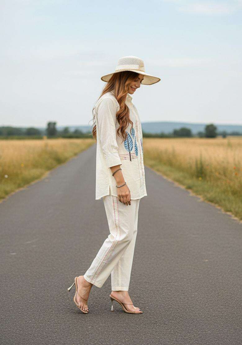 Off-White Embroidered Cotton Co Ord Sets - Indya