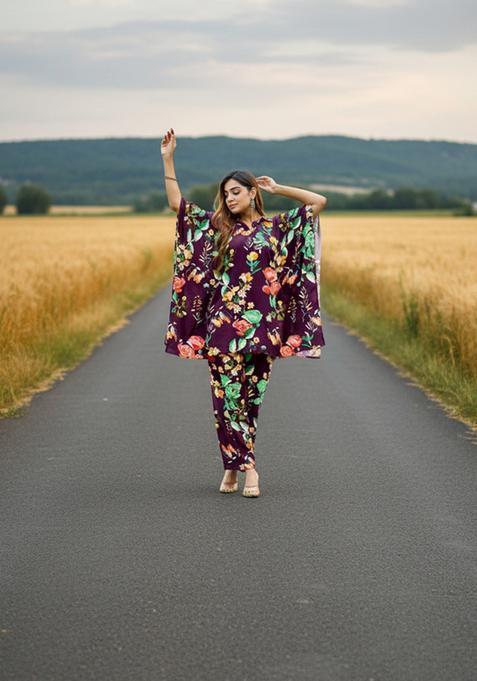 Wine Embroidered Viscose Co Ord Sets