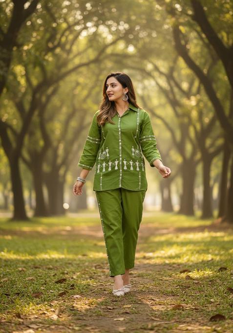 Green Embroidered Cotton Co Ord Sets