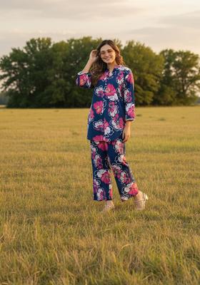 Navy Blue Embroidered Cotton Co Ord Sets