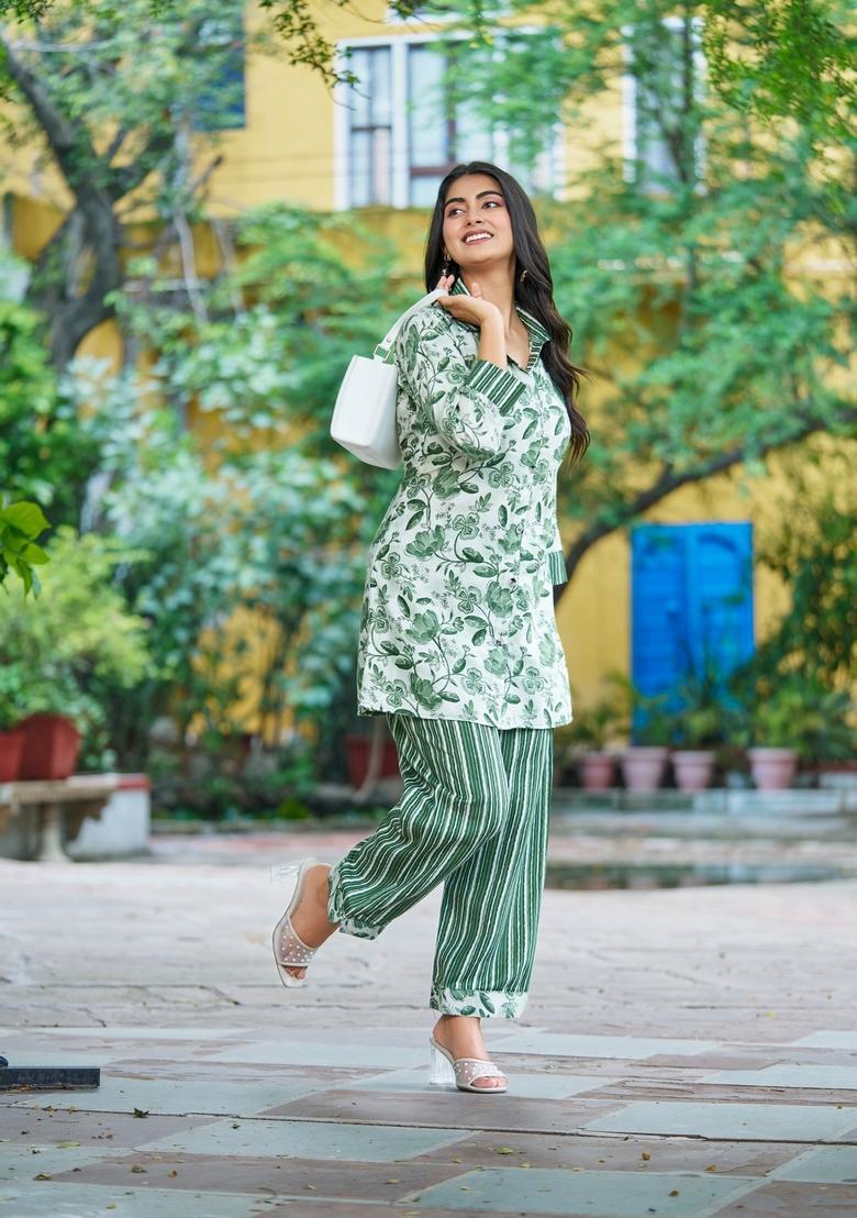 Mint Green Printed Cotton Co Ord Sets - Indya