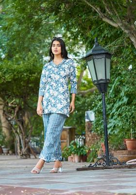 Aqua Blue Printed Cotton Co Ord Sets