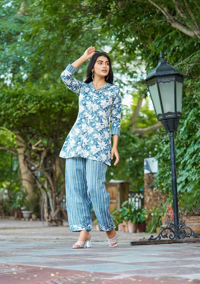 Aqua Blue Printed Cotton Co Ord Sets - Indya