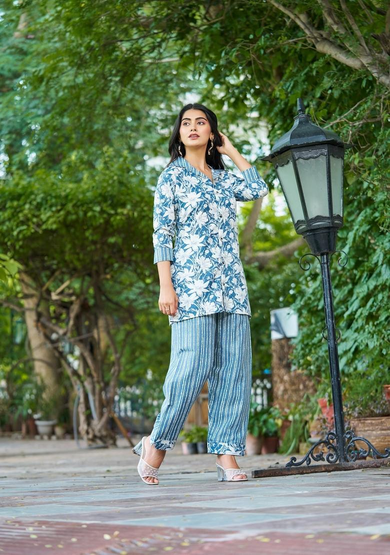 Aqua Blue Printed Cotton Co Ord Sets - Indya