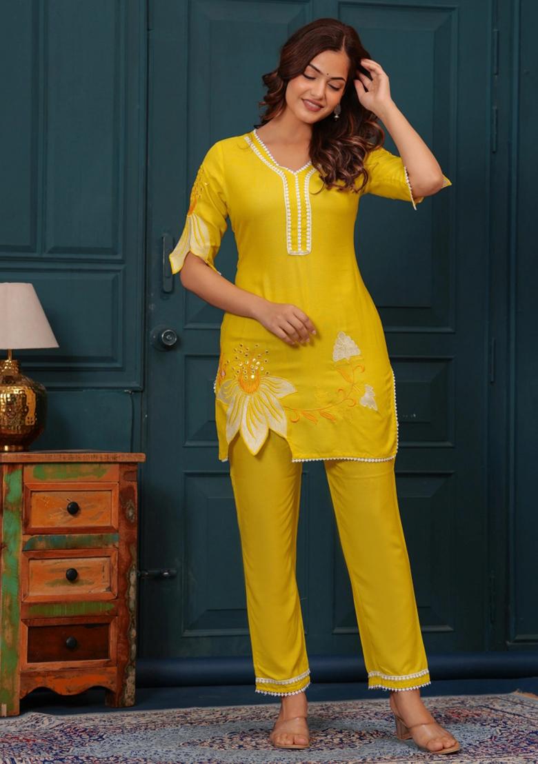 Yellow Embroidered Cotton Co Ord Sets - Indya