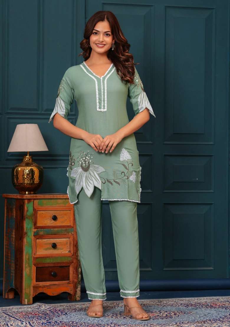 Green Embroidered Cotton Co Ord Sets - Indya