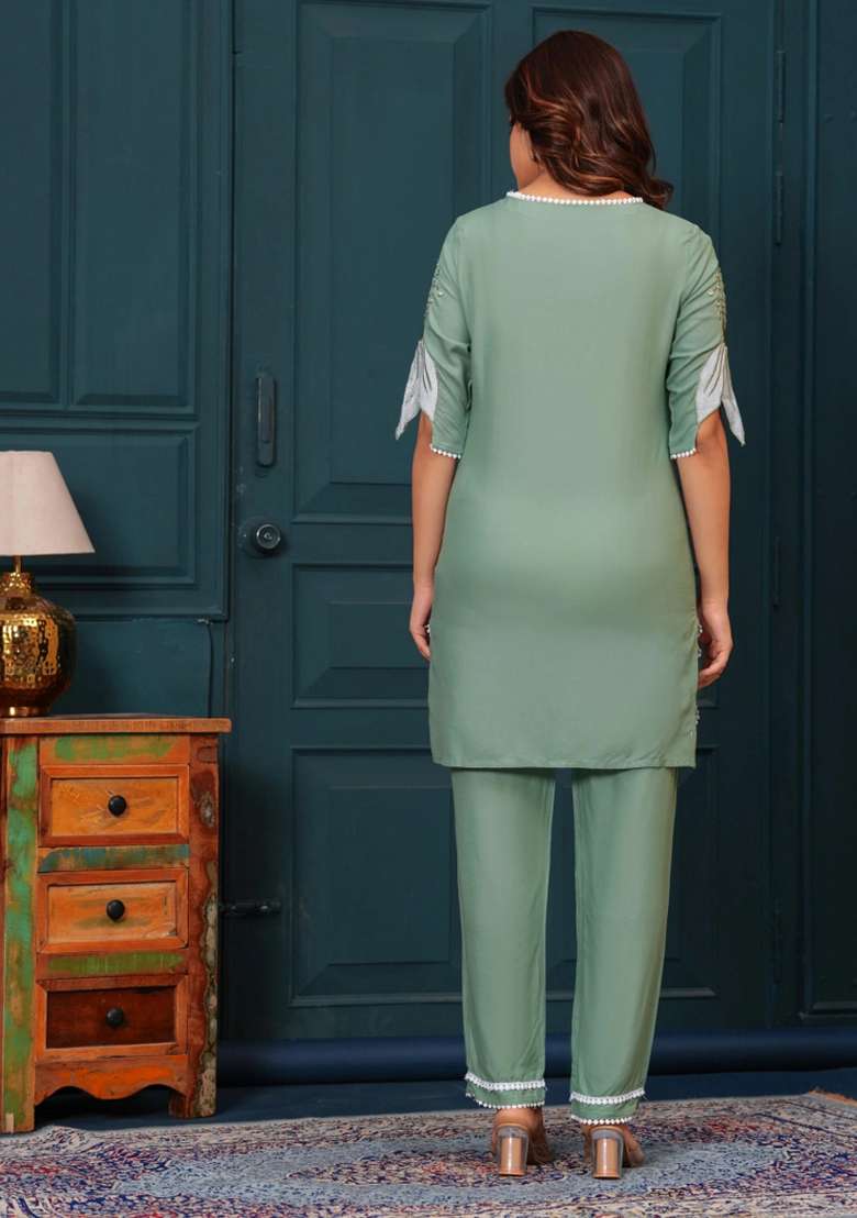 Green Embroidered Cotton Co Ord Sets - Indya