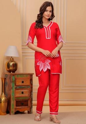 Red Embroidered Cotton Co Ord Sets