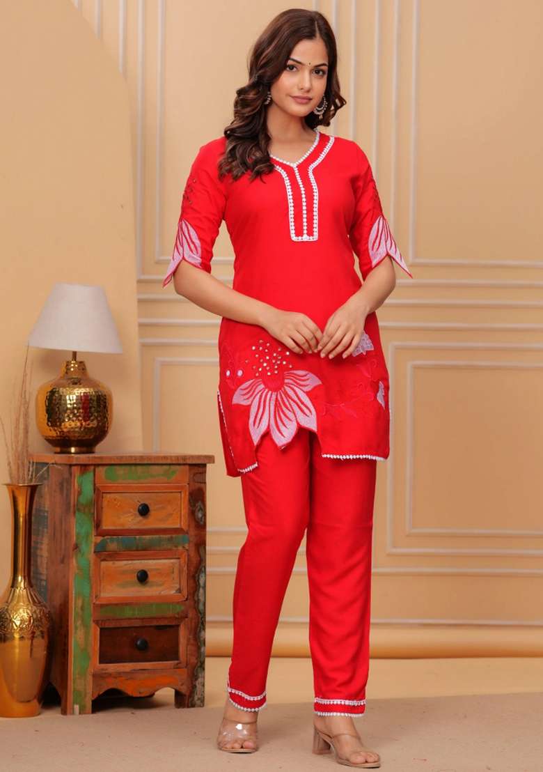 Red Embroidered Cotton Co Ord Sets - Indya