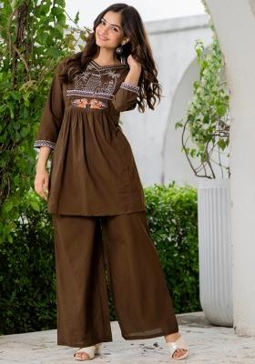 Brown Embroidered Cotton Co Ord Sets
