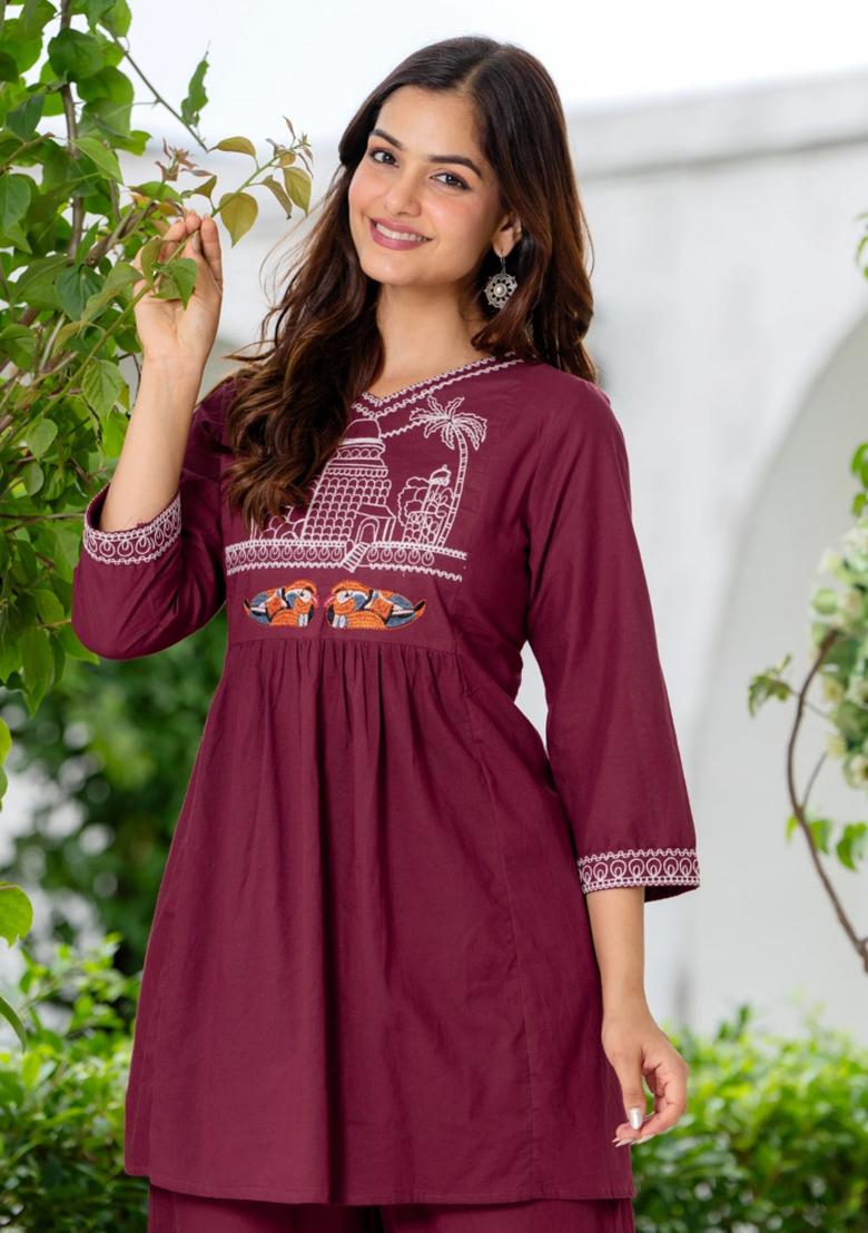 Maroon Embroidered Cotton Co Ord Sets - Indya
