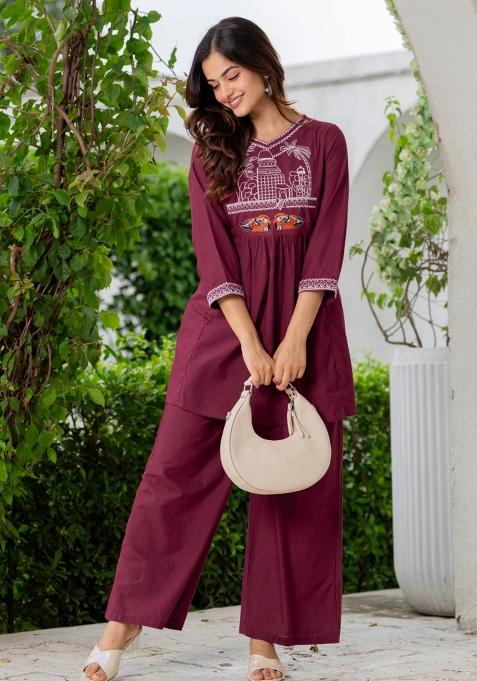 Maroon Embroidered Cotton Co Ord Sets