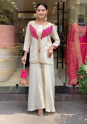 White Embroidered Silk Co Ord Sets