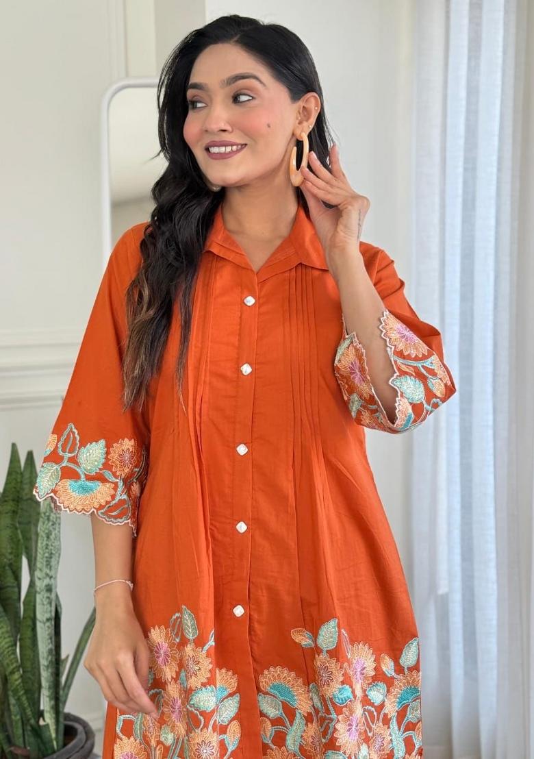 Rust Embroidered Cotton Co Ord Sets - Indya