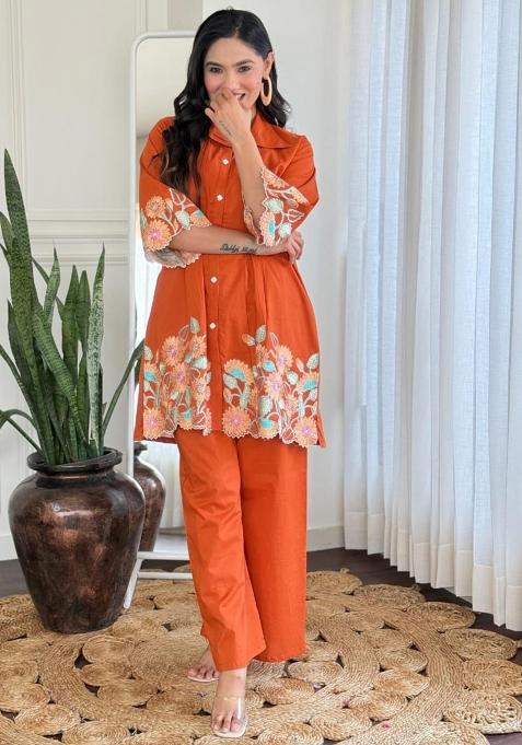 Rust Embroidered Cotton Co Ord Sets