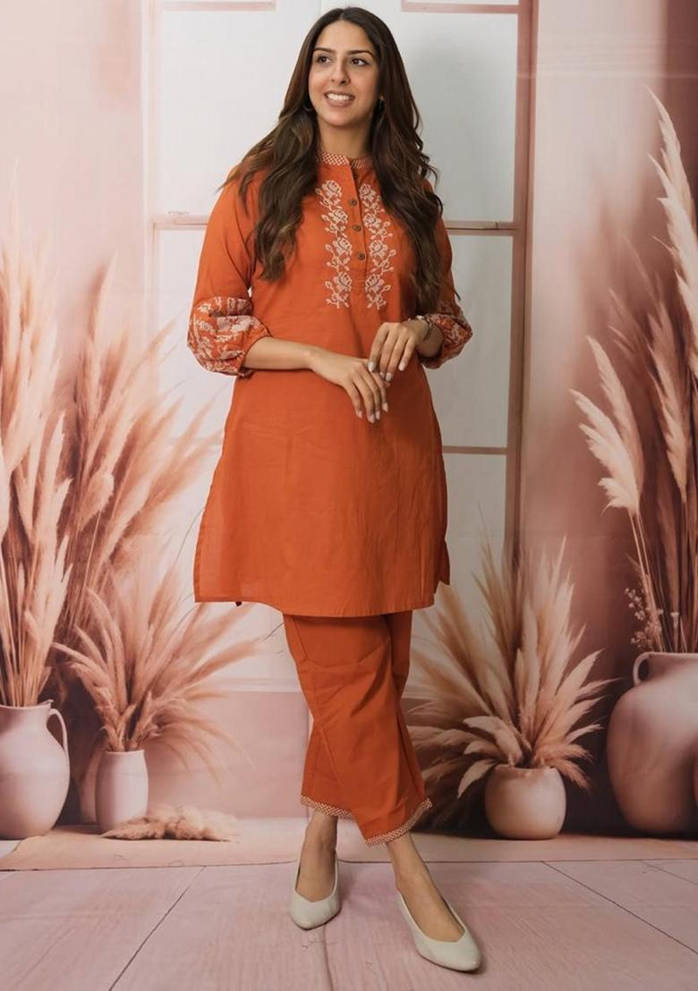 Rust Embroidered Cotton Co Ord Sets - Indya