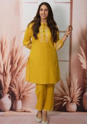 Yellow Embroidered Cotton Co Ord Sets