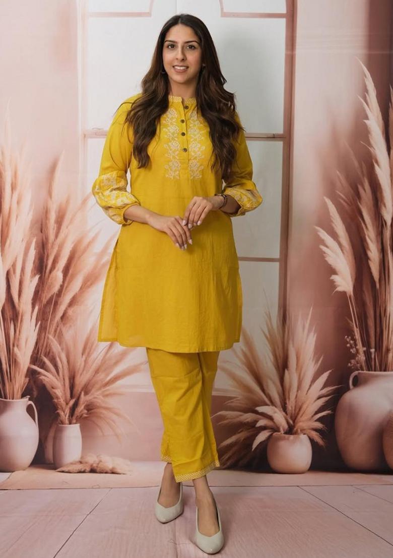 Yellow Embroidered Cotton Co Ord Sets - Indya