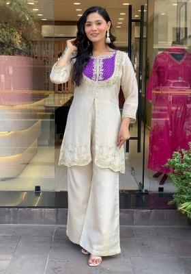 White Embroidered Silk Co Ord Sets