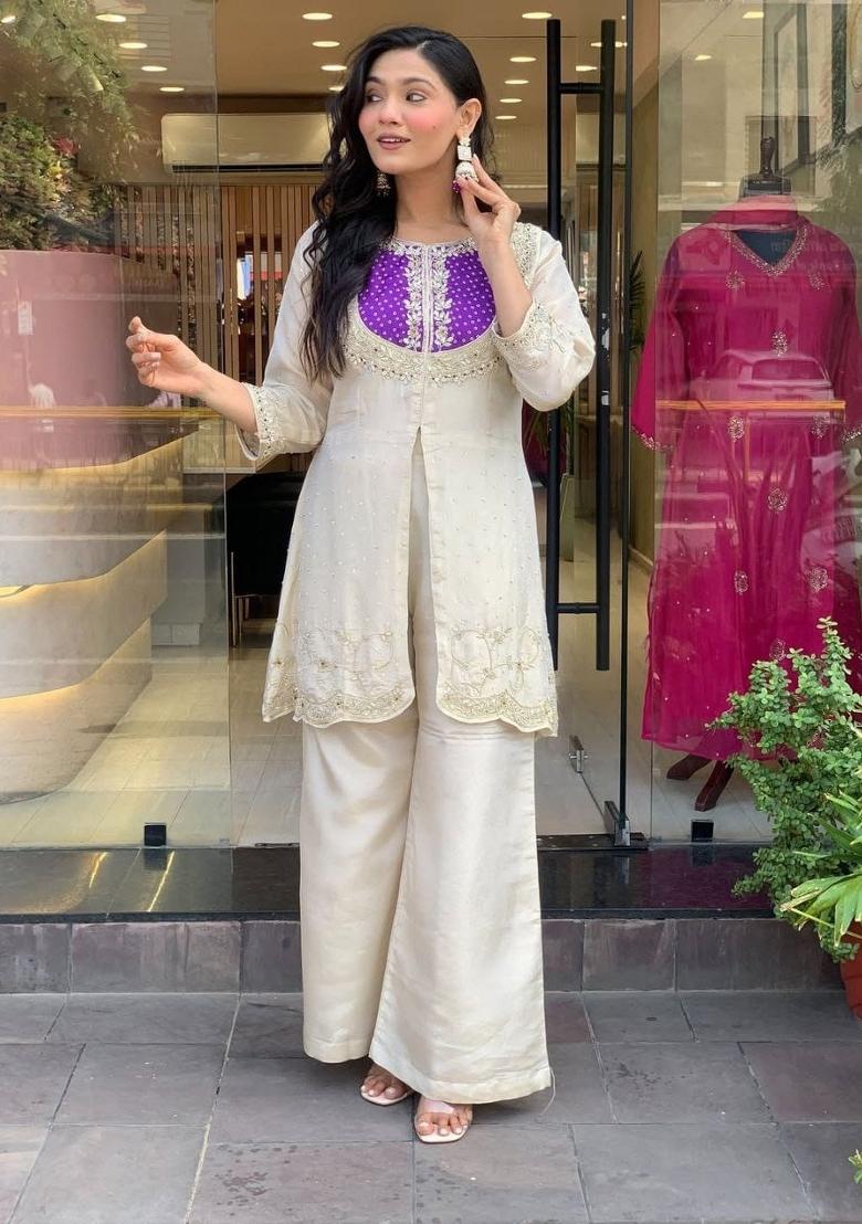 White Embroidered Silk Co Ord Sets - Indya